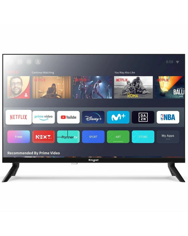 Engel LE2486SM 24-inch LED Smart TV with slim black frame, screen displaying colorful images, ideal for home entertainment.