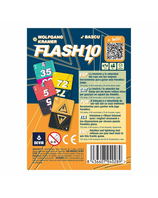 Devir Flash 10 board game with colorful cards and game pieces, ideal for fun family gameplay and entertainment.