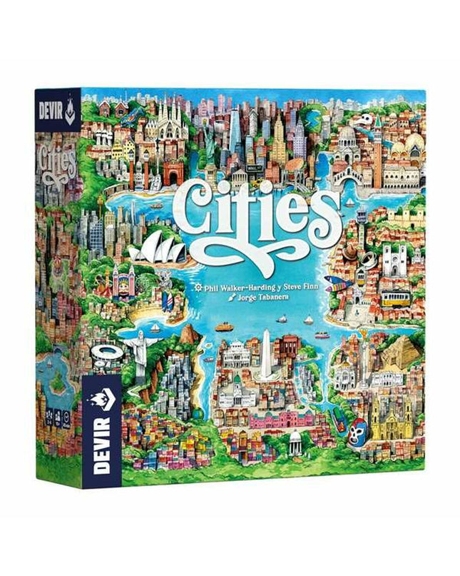 Devir bordspel box with colorful artwork, featuring game components and cards for fun tabletop gameplay.