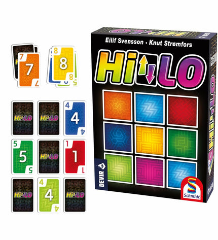 Devir BGHILEE card game from Devir, featuring colorful playing cards and game components on a table.