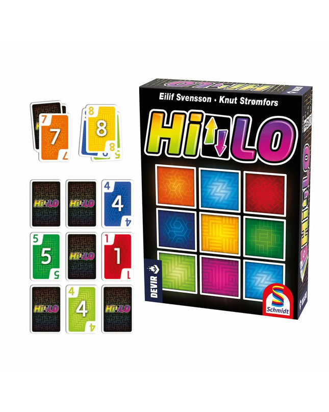 Devir BGHILEE card game from Devir, featuring colorful playing cards and game components on a table.