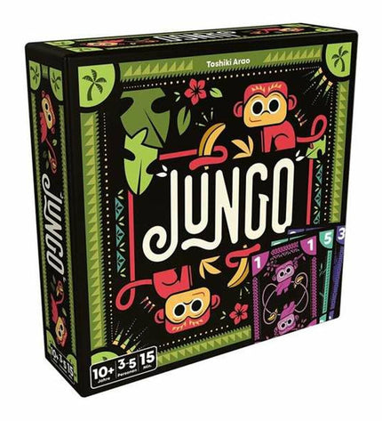 Devir Jungo board game with colorful cards and game pieces for family fun and strategic play.
