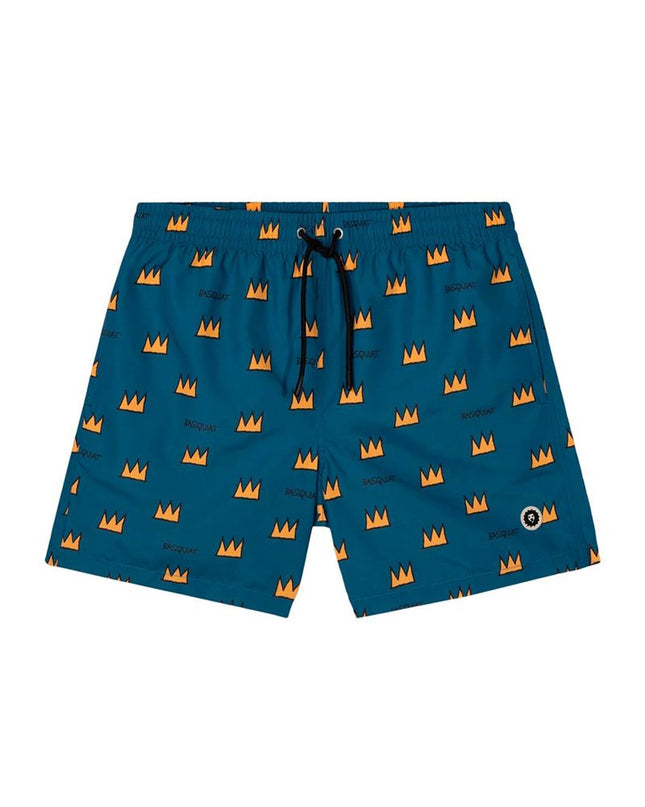 Jimmy Lion men's blue swim trunks featuring Basquiat Batman design, ideal for watersport and outdoor activities.