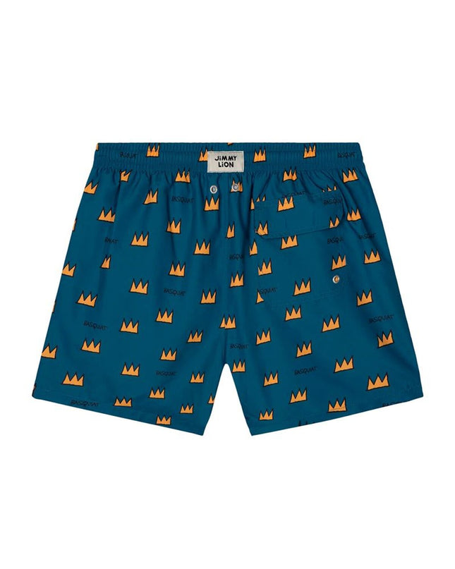 Blue Jimmy Lion men's swim shorts featuring Basquiat Batman print, designed for watersports and outdoor activities.