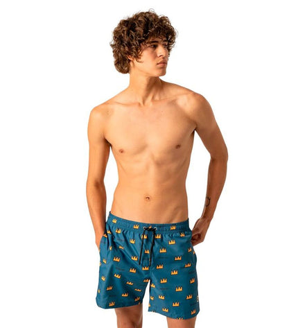 Jimmy Lion men's blue swim trunks with Batman and Basquiat print, suitable for sports and watersports activities.