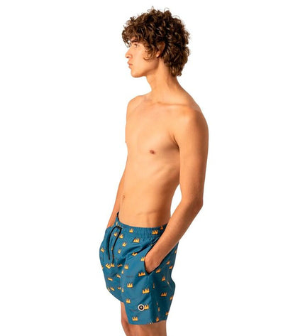 Jimmy Lion men's blue swim trunks featuring Basquiat Batman design, perfect for sports and watersports activities.
