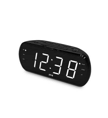 SPC 4592N radio alarm clock with digital display, buttons, and sleek black design, part of audio and hi-fi electronics.
