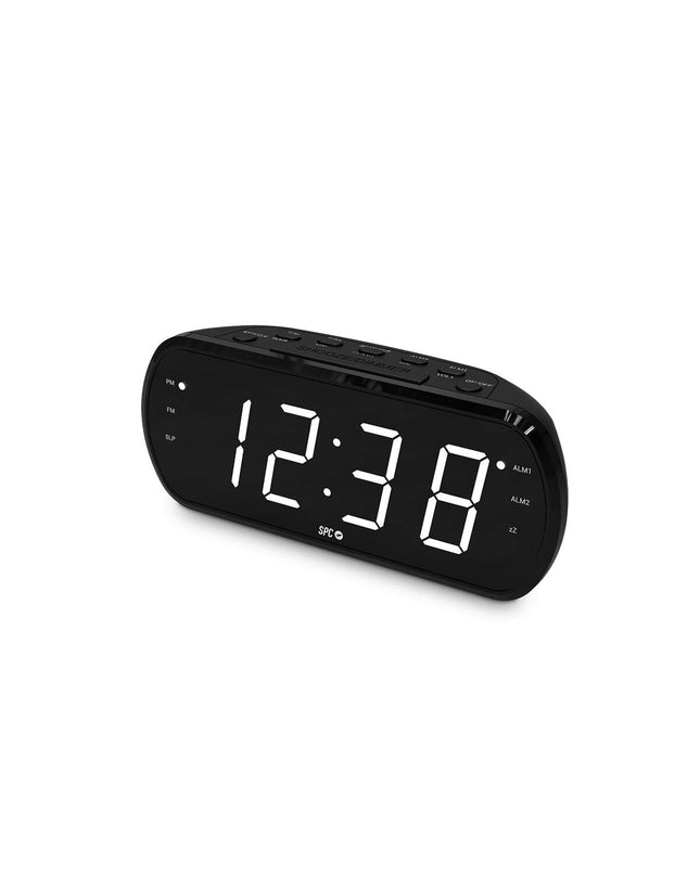 SPC 4592N radio alarm clock with digital display, buttons, and sleek black design, part of audio and hi-fi electronics.
