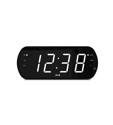 SPC 4592N radio alarm clock with digital display, buttons, and sleek black design, part of SPC audio and hi-fi electronics.