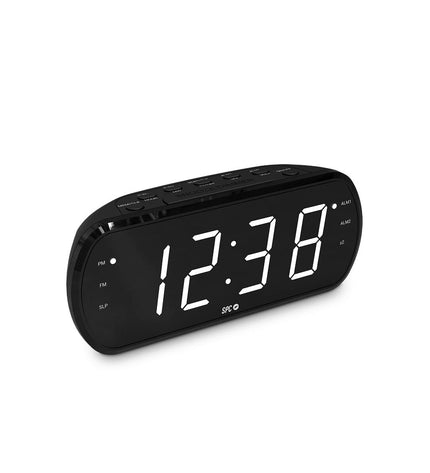 SPC 4592N radio alarm clock with digital display and control buttons, black electronic audio and hifi device.