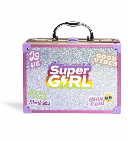 Martinelia Kinder make-up set with colorful pretend cosmetics, compact size 25x19x9 cm, ideal for imaginative play and role-playing.
