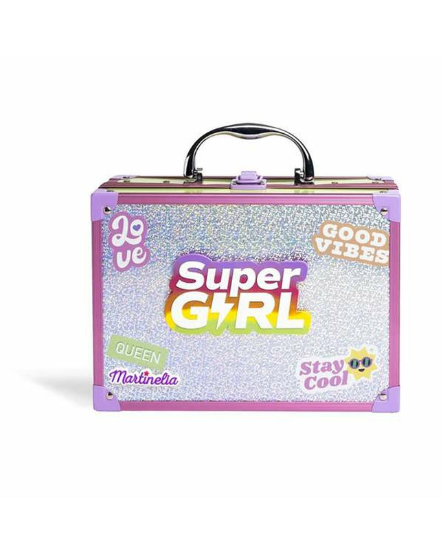 Martinelia Kinder make-up set with colorful pretend cosmetics, compact size 25x19x9 cm, ideal for imaginative play and role-playing.