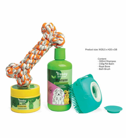 Tresky & Friends dog hygiene set with four parts, including grooming tools and accessories for dog care.