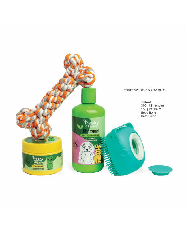 Tresky & Friends dog hygiene set with four parts, including grooming tools and accessories for dog care.