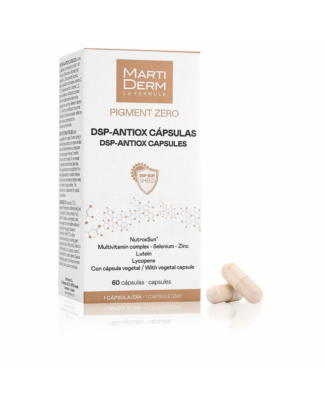 Martiderm Vitamine B PIGMENT ZERO 60 capsules, health supplement for skin pigmentation, in a white bottle with label.