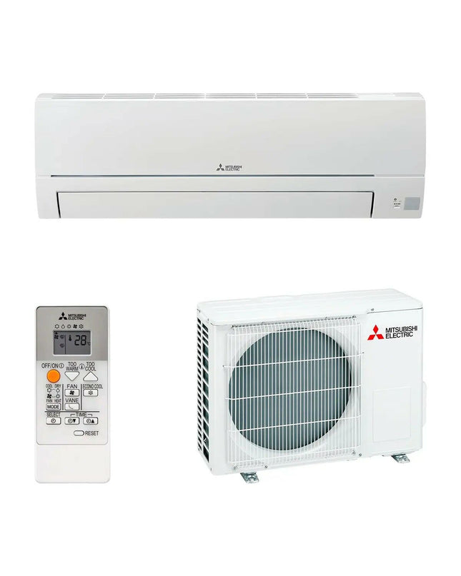 Mitsubishi Electric MSZHR35VFK portable air conditioner with digital display, vents, and control panel in a home setting