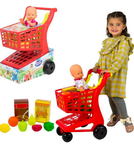 BigBuy Fun Winkelwagen Accessoires speelgoed figuur for imiteerspelletjes, featuring colorful toy shopping cart and miniature items.