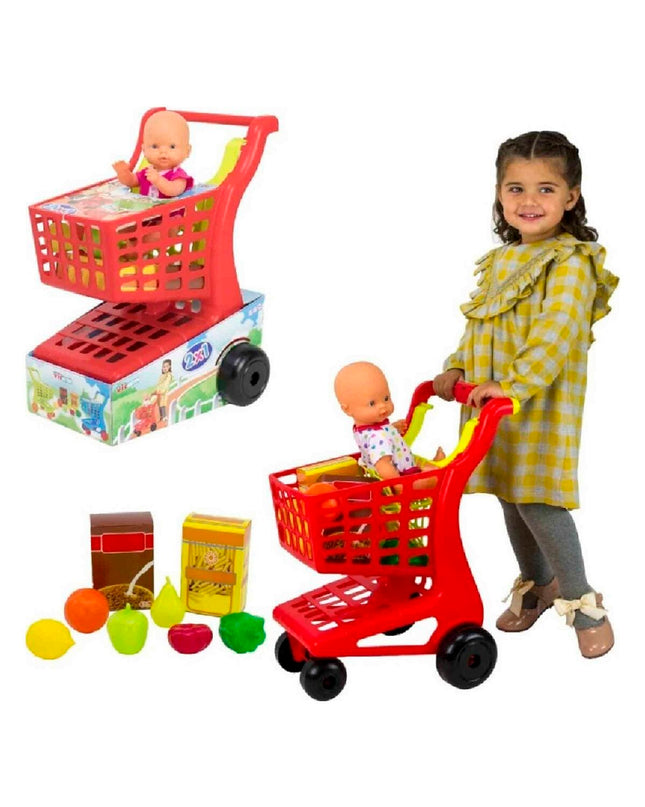 BigBuy Fun Winkelwagen Accessoires speelgoed figuur for imiteerspelletjes, featuring colorful toy shopping cart and miniature items.