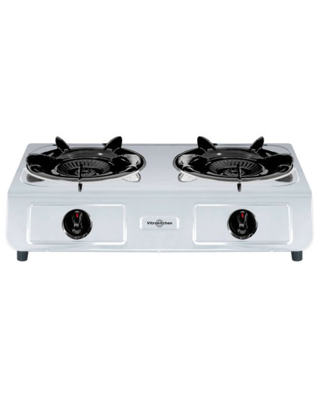 Vitrokitchen 275IB gas stove for outdoor camping and hiking, compact design with burners and control knobs visible.