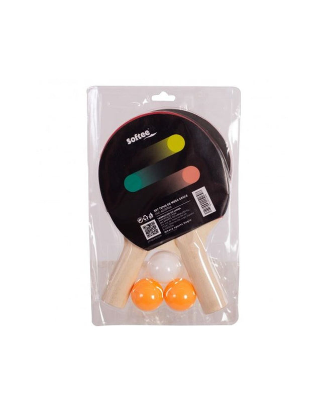 Jim Sports Pingpongset Softee with paddles and balls for outdoor table tennis play on a wooden table.