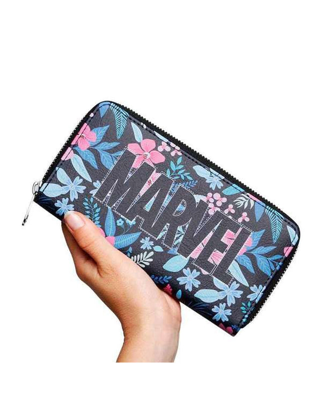 Capitán América themed wallet with cardholder and coin pocket, featuring superhero logo and vibrant blue and red design.