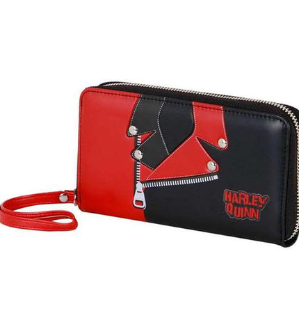 Black Harley Quinn wallet with cardholder and compartments, featuring bold graphic design and branding details.