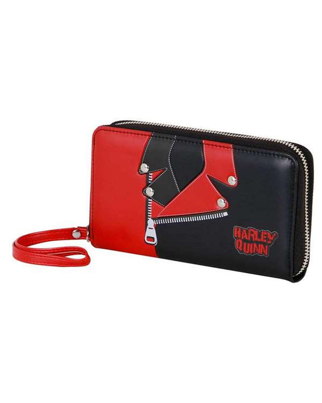 Black Harley Quinn wallet with cardholder and compartments, featuring bold graphic design and branding details.