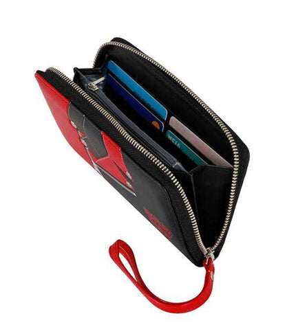 Harley Quinn black wallet featuring card slots and compartments, designed as a stylish baggage and purse accessory.