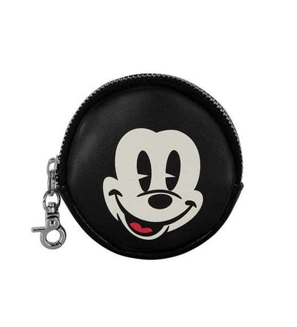 Black Mickey Mouse wallet with card slots and zipper pocket, featuring classic Mickey Mouse design, ideal for organizing cash and cards.