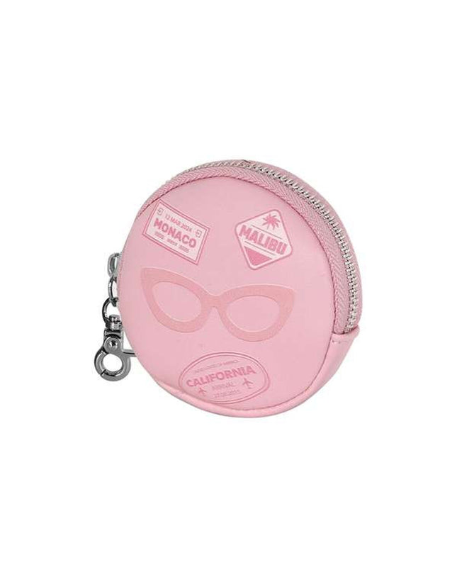 Pink Barbie wallet with card slots and zipper closure, featuring Barbie branding and playful design elements.