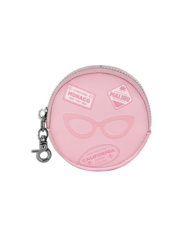 Pink Barbie wallet with card slots and zipper, featuring a playful Barbie design, ideal for organizing cards and cash.