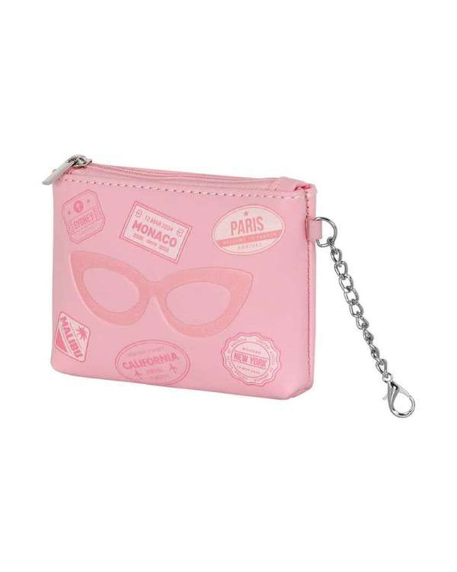 Pink Barbie wallet with cardholder and zipper closure, designed for secure storage of cash and cards.