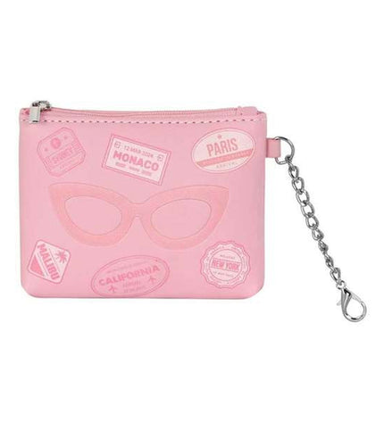 Pink Barbie wallet with card slots and zipper closure, featuring a playful Barbie design, perfect for stylish organization.