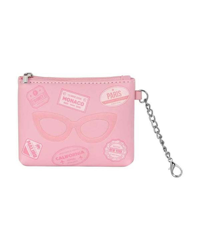 Pink Barbie wallet with card slots and zipper closure, featuring a playful Barbie design, perfect for stylish organization.