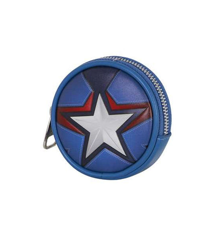 Blue Captain America wallet featuring a comic-style design, suitable for carrying cards and cash in a stylish bagage or wallet.