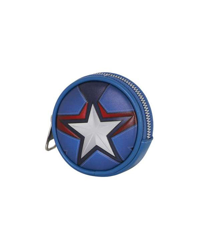 Blue Captain America wallet featuring a comic-style design, suitable for carrying cards and cash in a stylish bagage or wallet.
