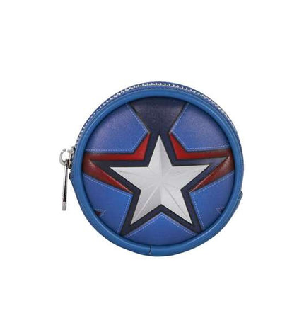 Blue Captain America wallet with card slots and zipper compartment, featuring iconic superhero design and branded logo.