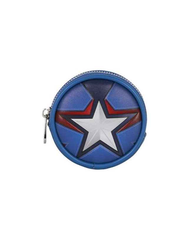 Blue Captain America wallet with card slots and zipper compartment, featuring iconic superhero design and branded logo.