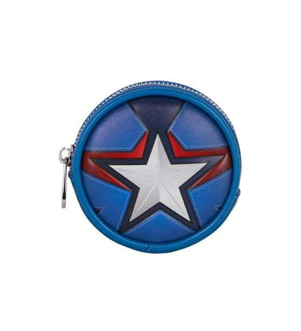 Blue Captain America wallet, a men's passport holder and card organizer with superhero design, made by Capitán América.
