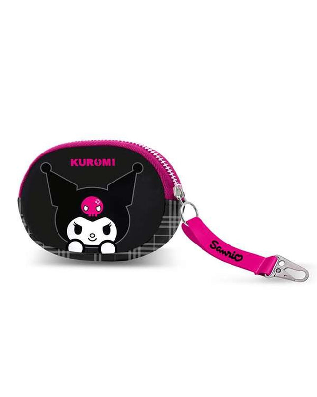 Black Kuromi wallet with card slots, measuring 12.5 x 2 cm, designed for luggage and coin purses, featuring cute character details.
