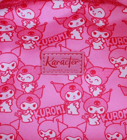 Pink Kuromi wallet with card slots and compartments, measuring 13x13x4 cm, featuring playful character design.