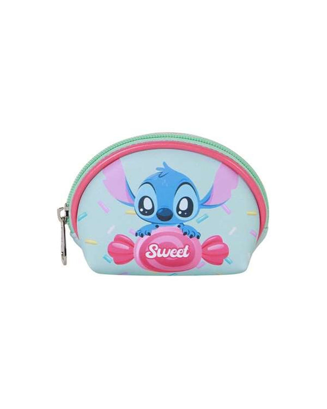 Stitch blue wallet with stitch detail, compact size 12x4.5 cm, designed for cards and cash, made of durable material.