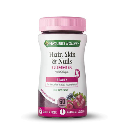 Nature's Bounty Skin Nails Gummies collagen supplement in a colorful collage of 60 gummies, designed for health and beauty.