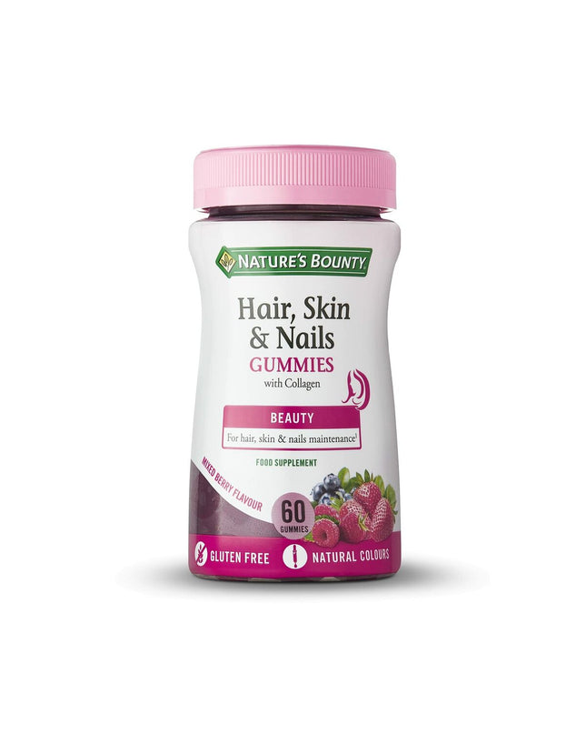 Nature's Bounty Skin Nails Gummies collagen supplement in a colorful collage of 60 gummies, designed for health and beauty.