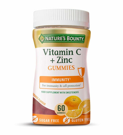 Nature's Bounty Vitamin C Zinc Gummies, dietary supplement with orange-flavored chewable vitamins and minerals, 60 count.