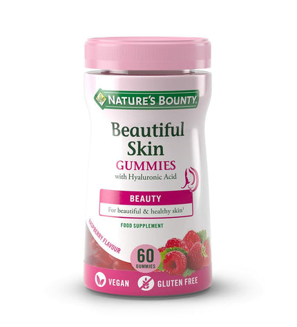 Nature's Bounty Beautiful Skin Gummies with collagen supplement in a colorful collage of 60 vitamin gummies for healthy skin.