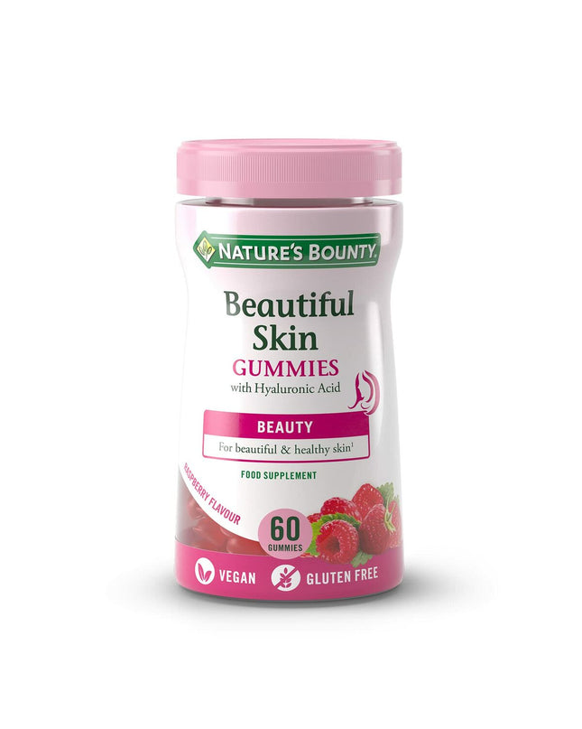 Nature's Bounty Beautiful Skin Gummies with collagen supplement in a colorful collage of 60 vitamin gummies for healthy skin.