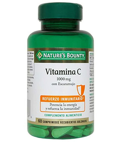 Nature's Bounty Vitamin C supplement bottles with 60 tablets, featuring orange flavor and natural health benefits.