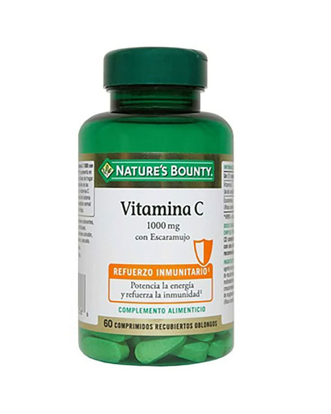 Nature's Bounty Vitamin C supplement bottles with 60 tablets, featuring orange flavor and natural health benefits.