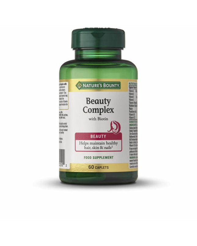 Bottle of Nature's Bounty Vitamin B7 Beauty Complex Biotine supplement with 60 capsules for healthy hair and skin.